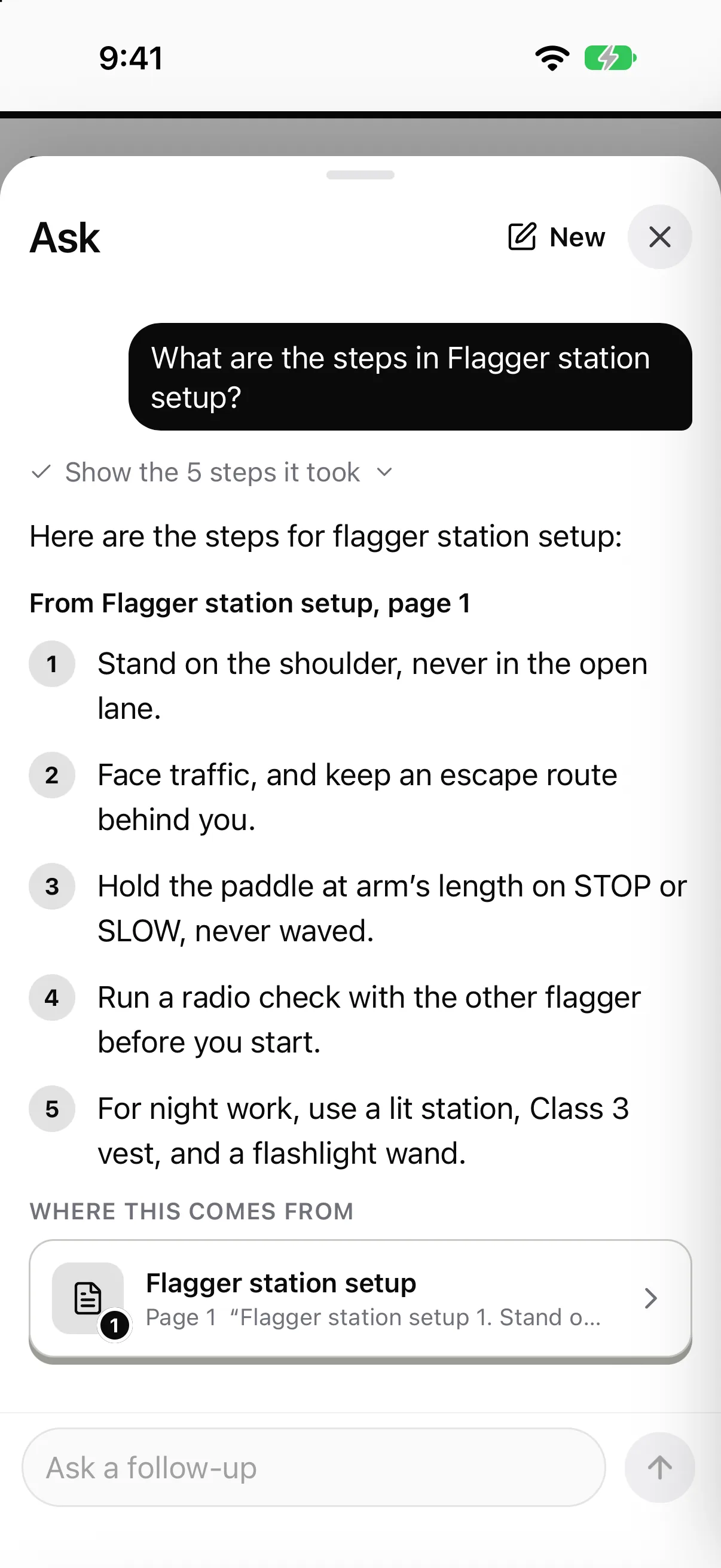 Ask on a phone answering What are the steps in Flagger station setup? Five numbered steps under From Flagger station setup, page 1, then a source card for that document.