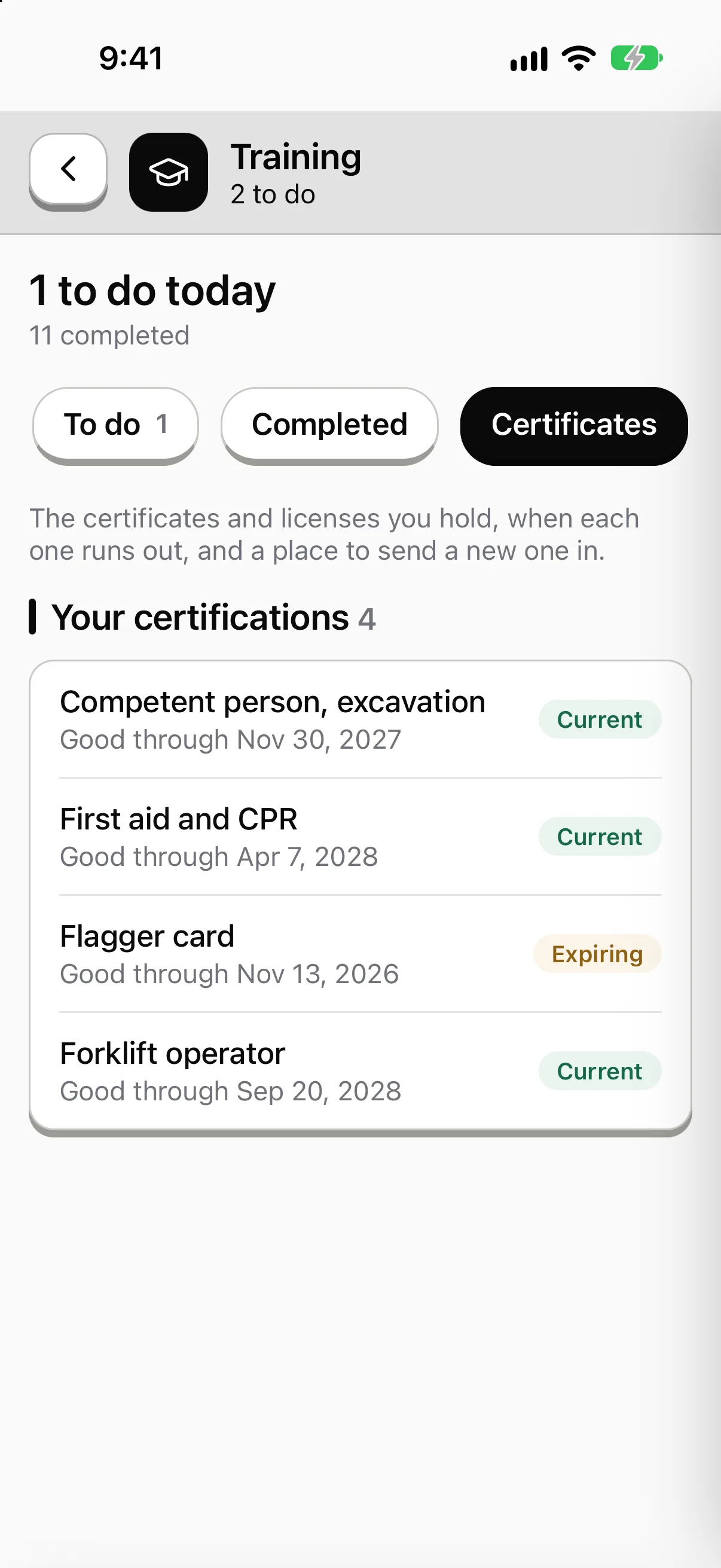 The Certificates tab in the phone app's Training screen: the worker's First aid and CPR certification, good through April 7, 2028, marked Current.
