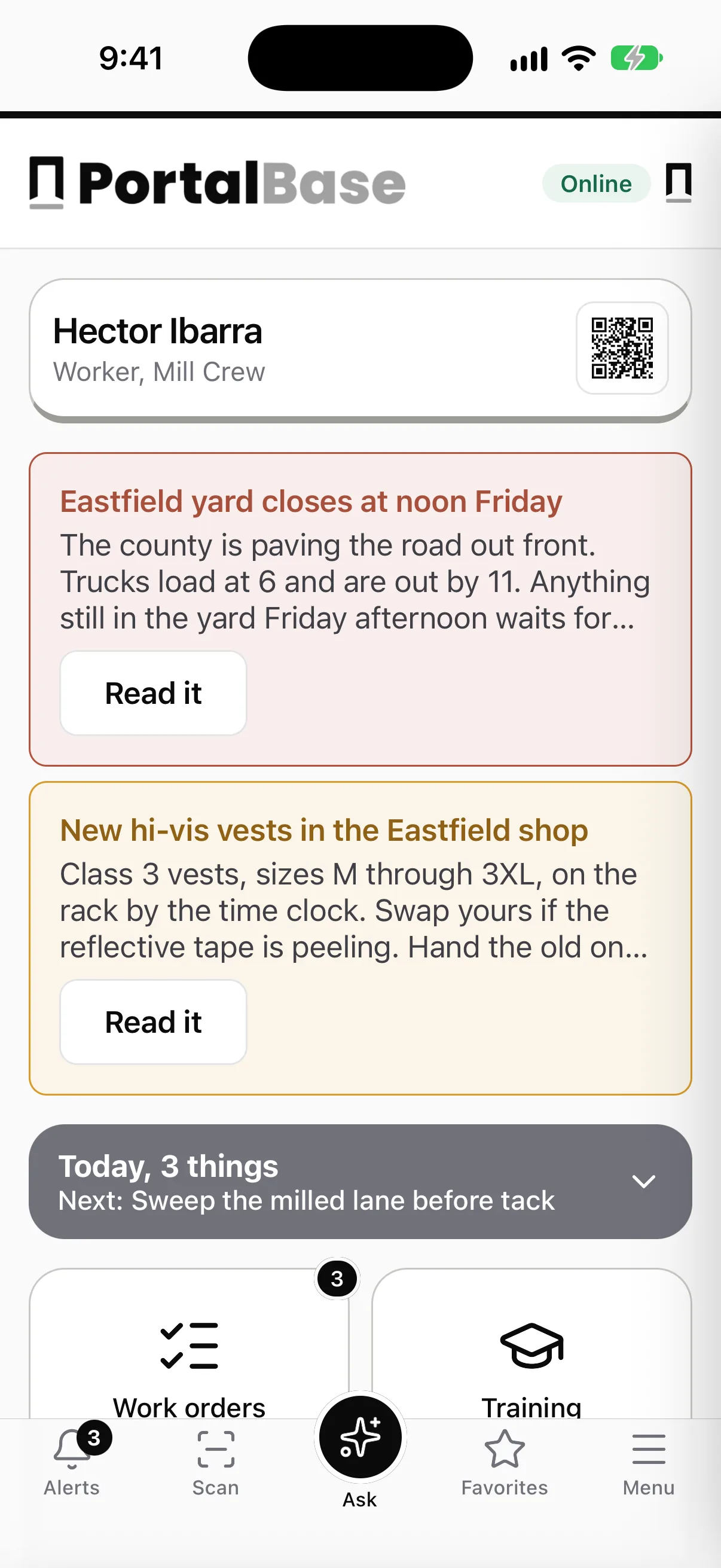 The PortalBase phone app's Home: the worker's name and QR badge, two pinned yard announcements, a Today card with the next task, and tiles for work orders and training, with Alerts, Scan, Ask, Favorites and Menu along the bottom.