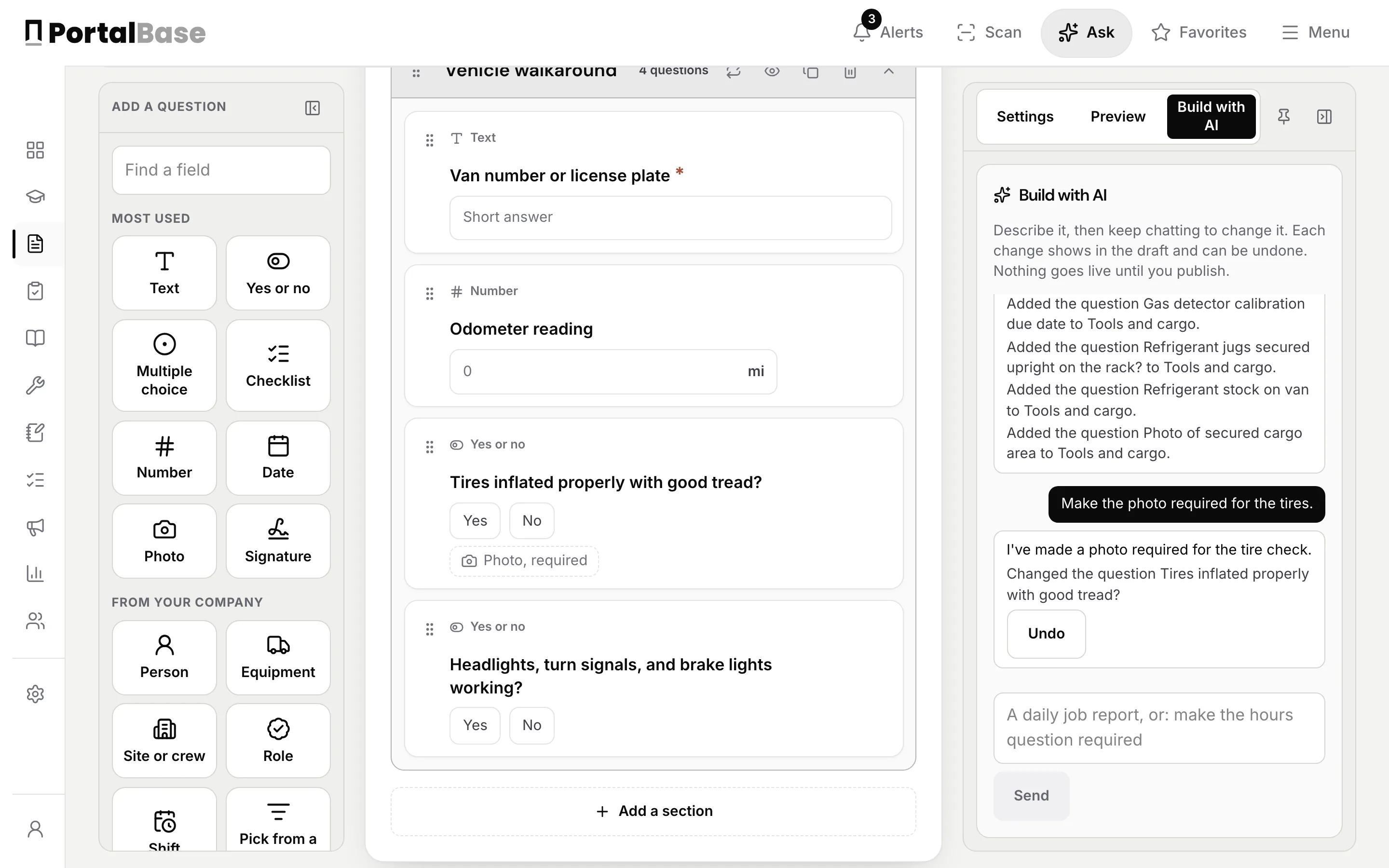 Build with AI in the form builder after a follow-up. The person typed Make the photo required for the tires. The tires question now shows Photo, required, and the chat says the photo is required for the tire check, with an Undo button.