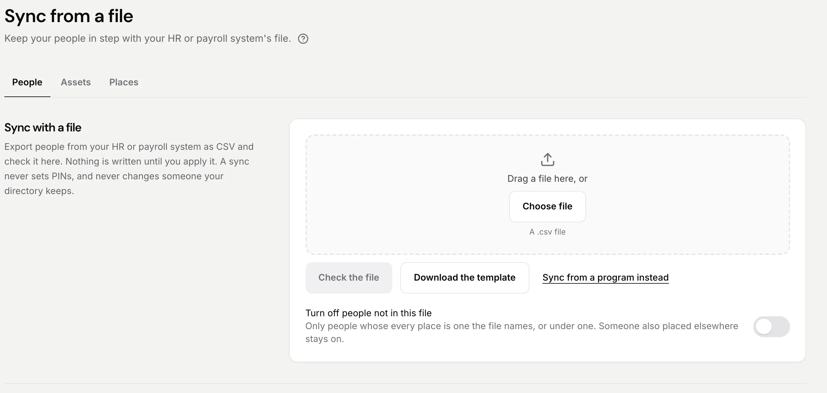 Sync from a file: a box that says Drag a file here, or Choose file, with a .csv hint, then Check the file and Download the template buttons.