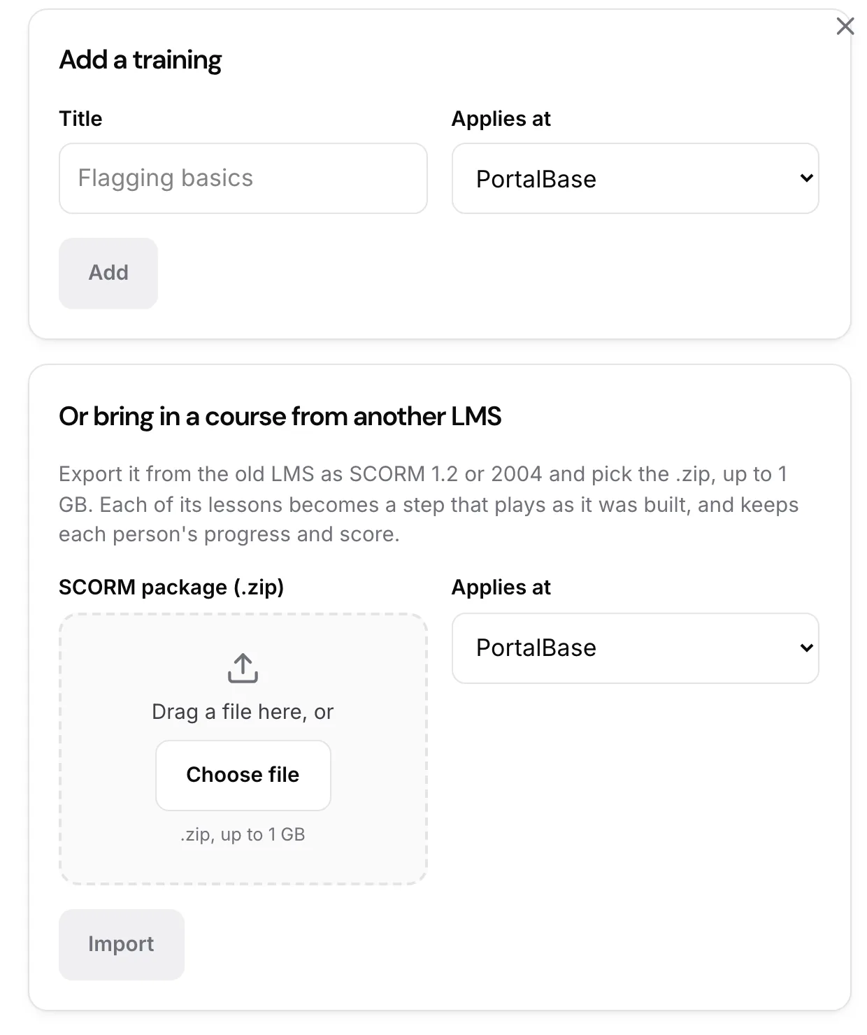 The Add a training panel scrolled to its import: a box that says Drag a file here, or Choose file, with a .zip, up to 1 GB hint, for bringing in a SCORM course from another LMS.