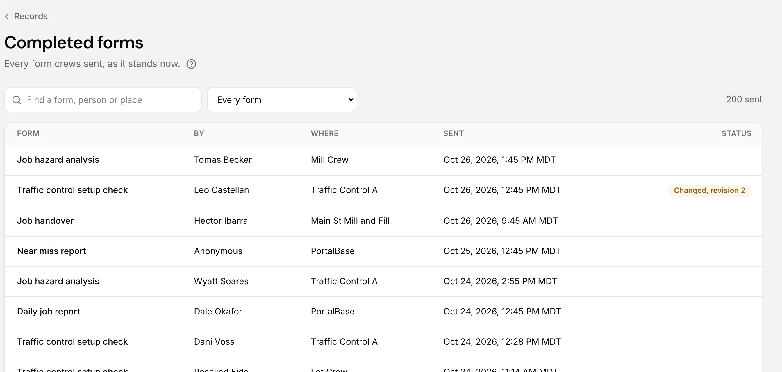 Completed forms: a table of every form crews sent, with who filled it, where, when, and a status such as Changed, revision 2, with a search box and a filter by form.