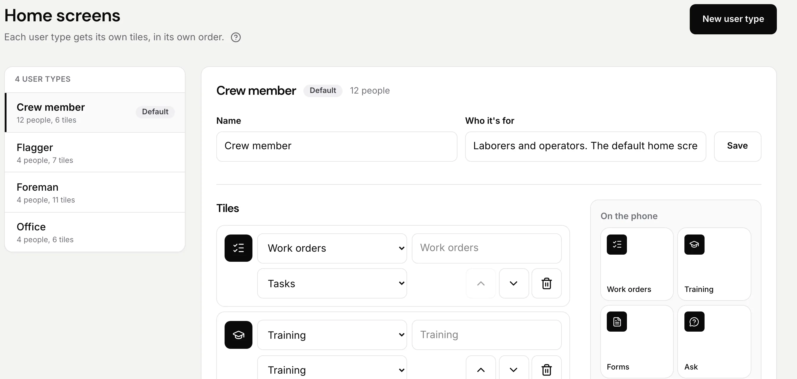 Home screens: a list of four user types, with Crew member open. Its tiles are listed in order on the left, and a preview of the phone's home with Work orders, Training, Forms and Ask tiles sits on the right.