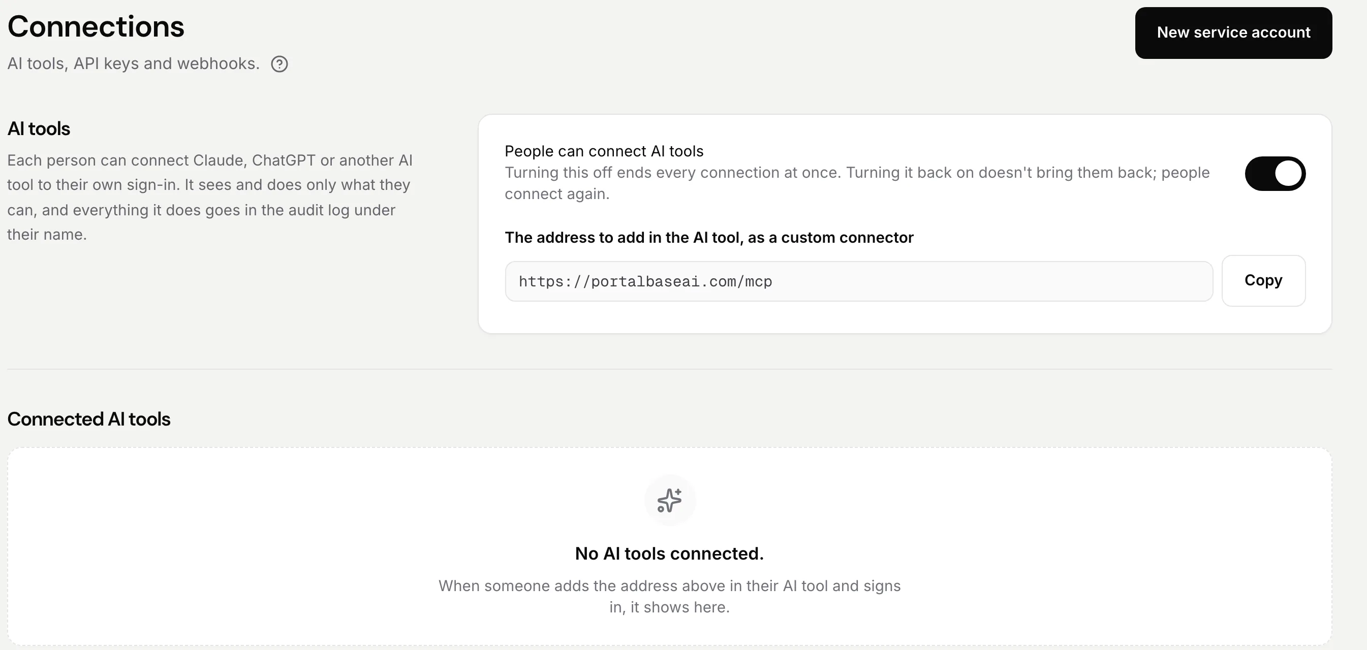 The Connections screen: a switch that lets people connect Claude, ChatGPT or another AI tool, and the address to add as a custom connector, with a Copy button.